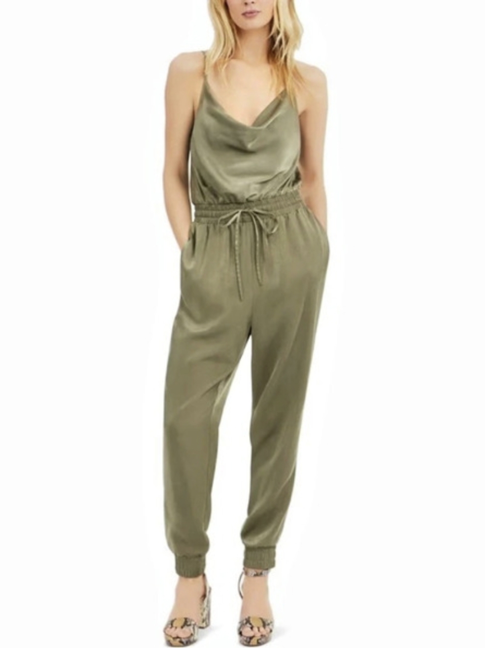Steve Madden Satin Olive Green Cowl Neck Sleeveless Jumpsuit. Size M. #SW